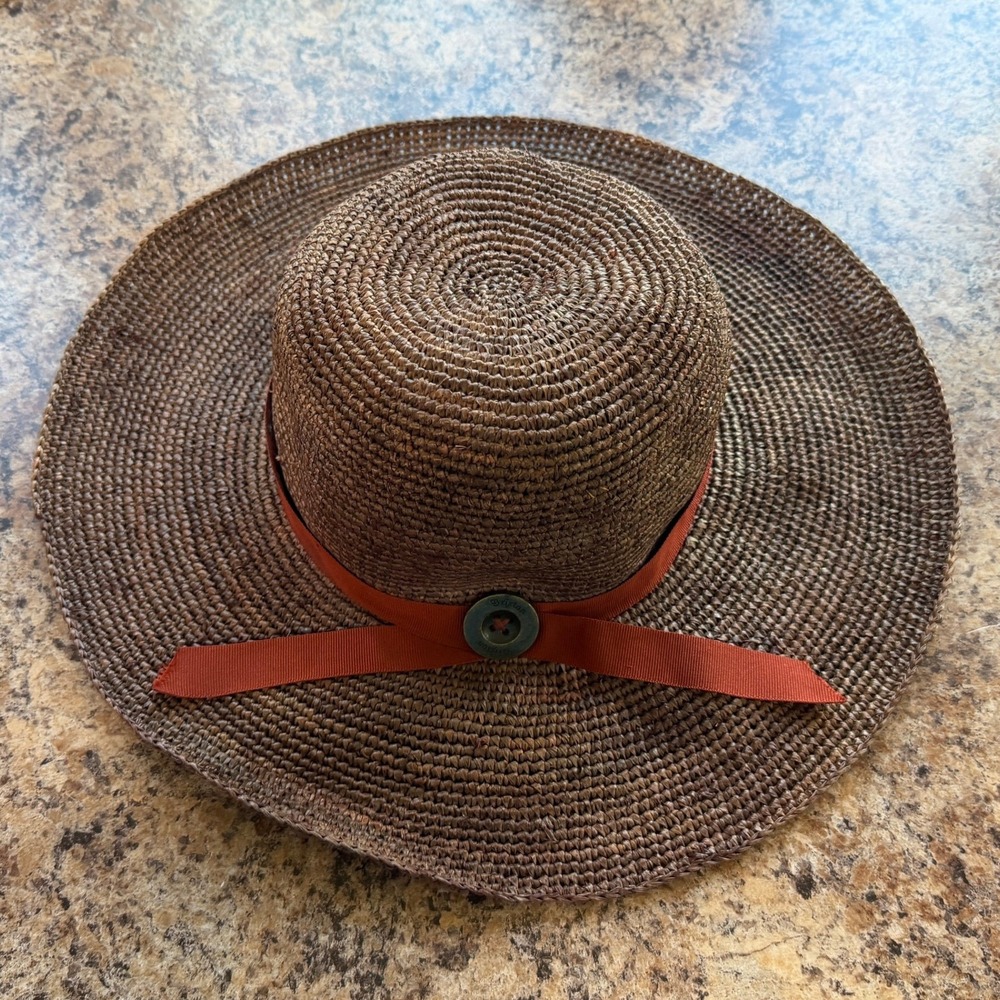 Brixton Brown Woven Straw Sun Hat with Rust Ribbon Accent Small 7 56cm